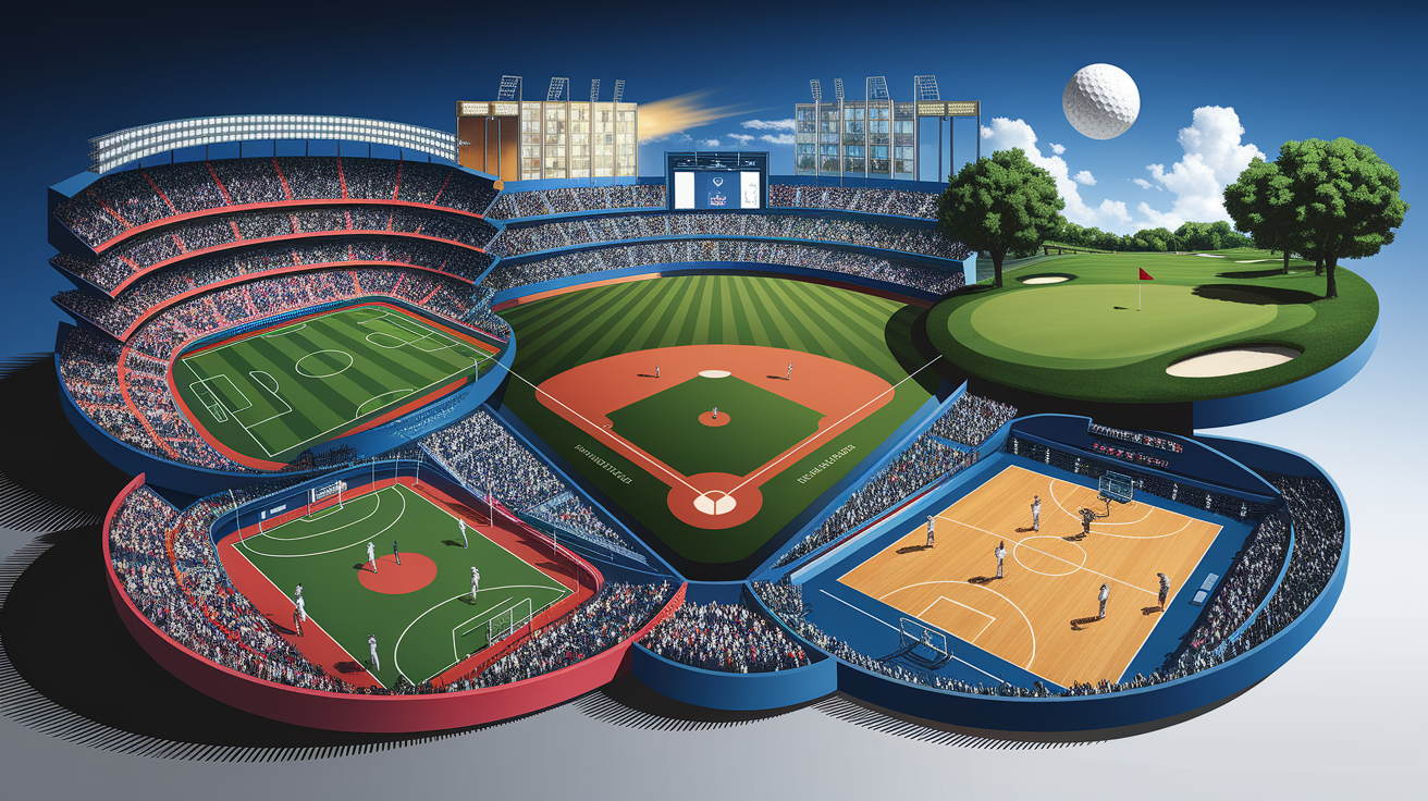 A conceptual illustration representing Major Sports Offerings. Visualize the main ideas: . Creative but clear representation of the concept. Style: photorealistic. high quality, detailed, professional, clean composition, good lighting, sharp focus, well-composed. high quality, professional, detailed, well-composed