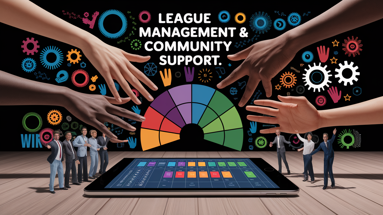 A conceptual illustration representing League Management & Community Support. Visualize the main ideas: . Creative but clear representation of the concept. Style: photorealistic. high quality, detailed, professional, clean composition, good lighting, sharp focus, well-composed. high quality, professional, detailed, well-composed