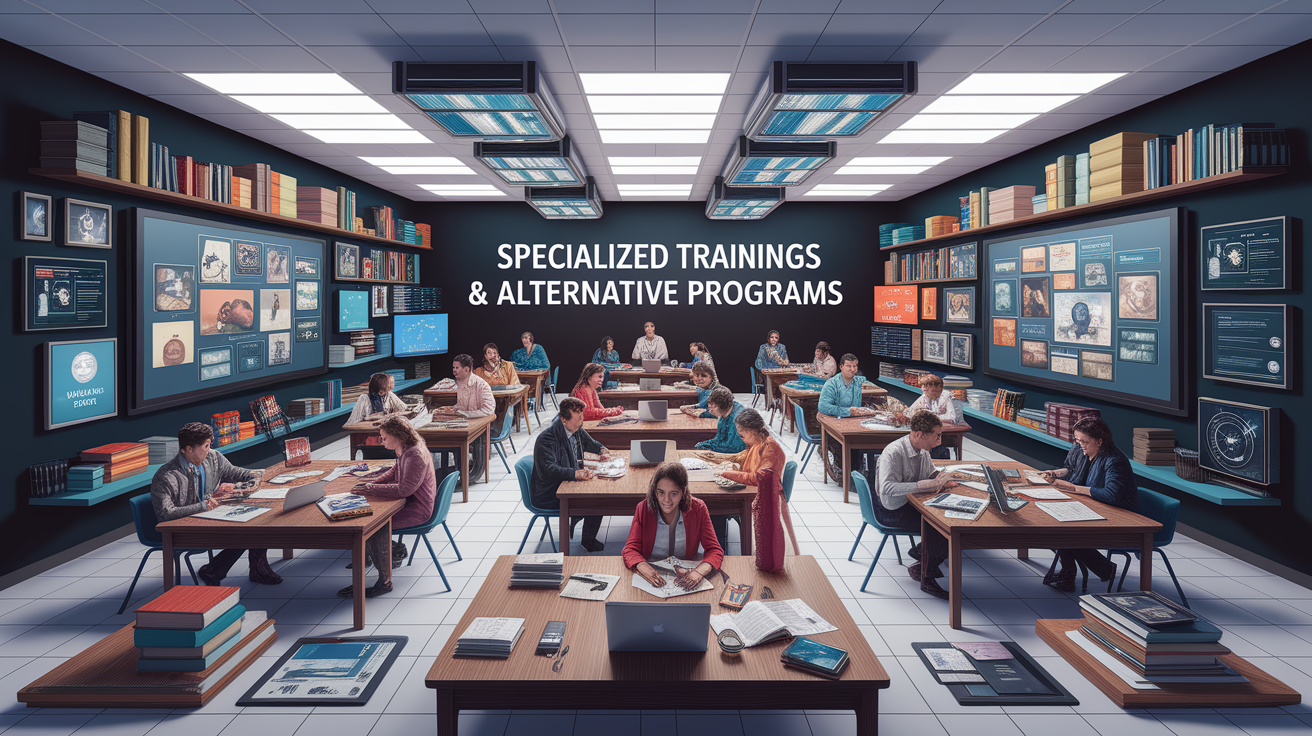 A conceptual illustration representing Specialized Trainings & Alternative Programs. Visualize the main ideas: . Creative but clear representation of the concept. Style: photorealistic. high quality, detailed, professional, clean composition, good lighting, sharp focus, well-composed. high quality, professional, detailed, well-composed