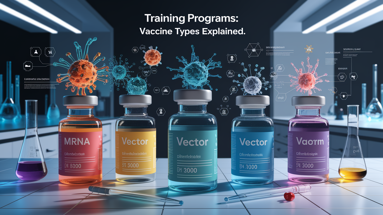A conceptual illustration representing Training Programs: Vaccine Types Explained. Visualize the main ideas: . Creative but clear representation of the concept. Style: photorealistic. high quality, detailed, professional, clean composition, good lighting, sharp focus, well-composed. high quality, professional, detailed, well-composed