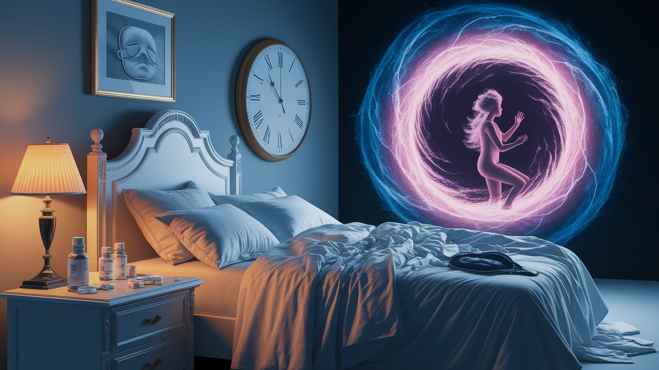 A conceptual illustration representing The Aftermath: Sleep Quality and Dependence Loop. Visualize the main ideas: . Creative but clear representation of the concept. Style: photorealistic. high quality, detailed, professional, clean composition, good lighting, sharp focus, well-composed. high quality, professional, detailed, well-composed