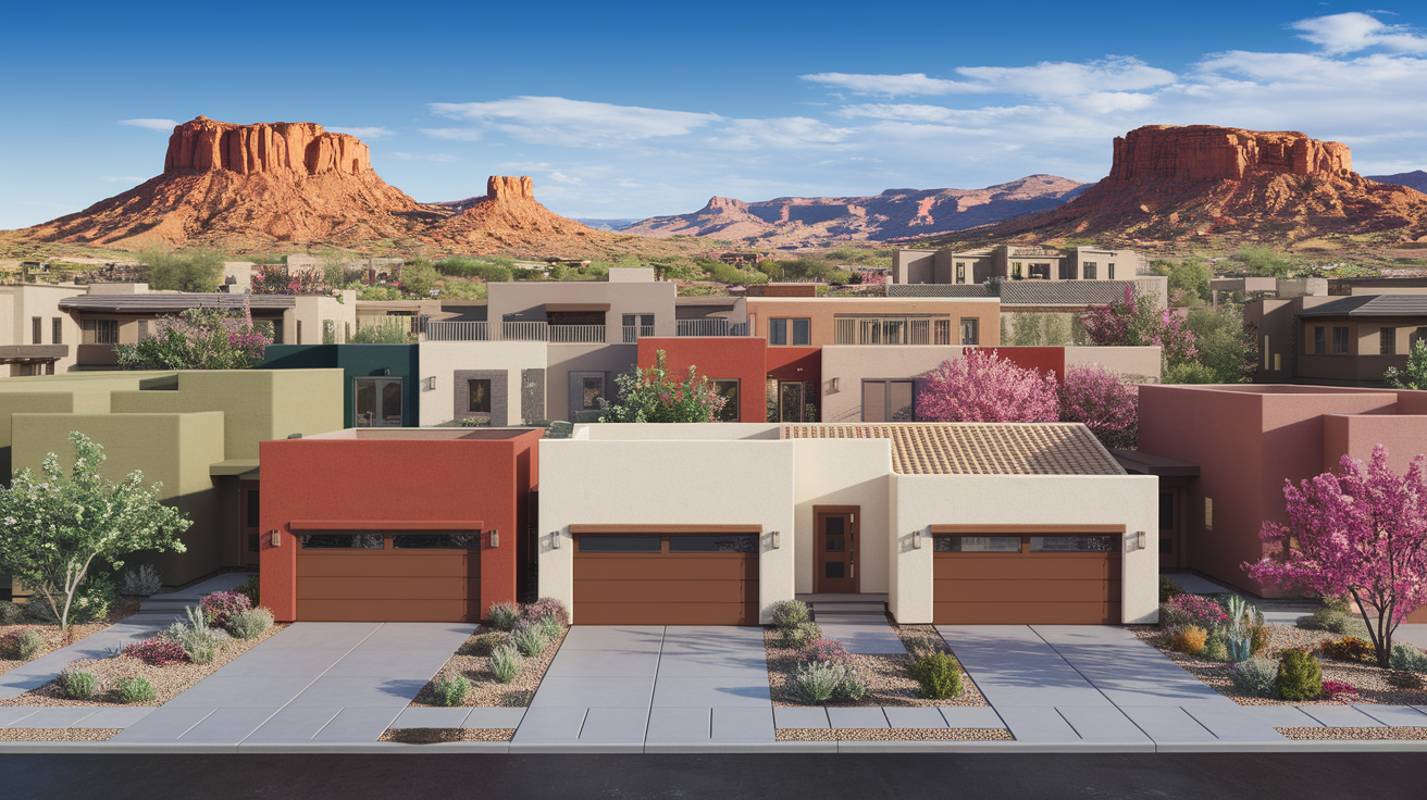 A conceptual illustration representing Where You Live: Housing Options in St. George. Visualize the main ideas: . Creative but clear representation of the concept. Style: photorealistic. high quality, detailed, professional, clean composition, good lighting, sharp focus, well-composed. high quality, professional, detailed, well-composed