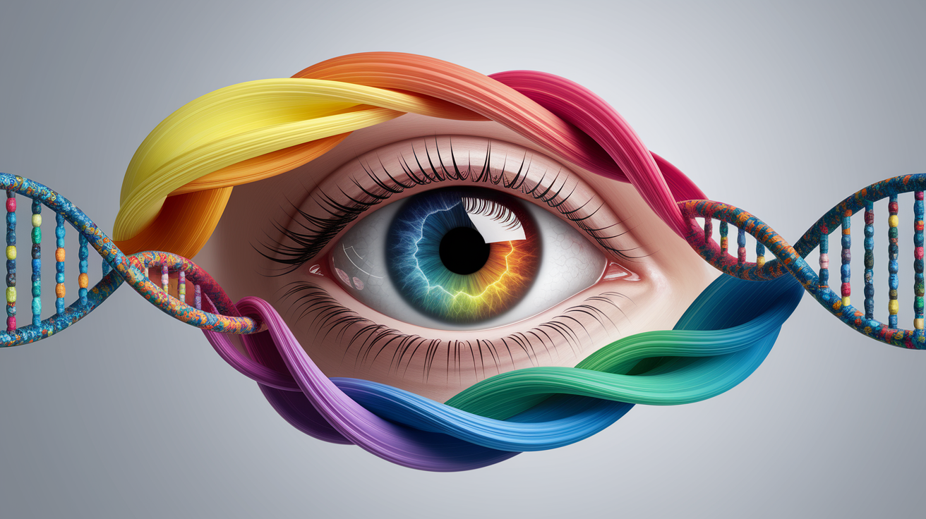 A conceptual illustration representing Genetic Causes of Color Blindness. Visualize the main ideas: . Creative but clear representation of the concept. Style: photorealistic. high quality, detailed, professional, clean composition, good lighting, sharp focus, well-composed. high quality, professional, detailed, well-composed