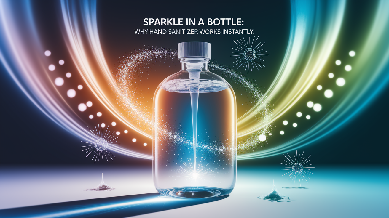 A conceptual illustration representing Sparkle in a Bottle: Why Hand Sanitizer Works Instantly. Visualize the main ideas: . Creative but clear representation of the concept. Style: photorealistic. high quality, detailed, professional, clean composition, good lighting, sharp focus, well-composed. high quality, professional, detailed, well-composed