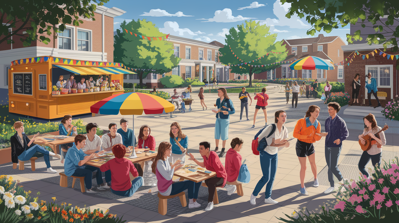 A conceptual illustration representing Campus Culture and Activities. Visualize the main ideas: . Creative but clear representation of the concept. Style: photorealistic. high quality, detailed, professional, clean composition, good lighting, sharp focus, well-composed. high quality, professional, detailed, well-composed