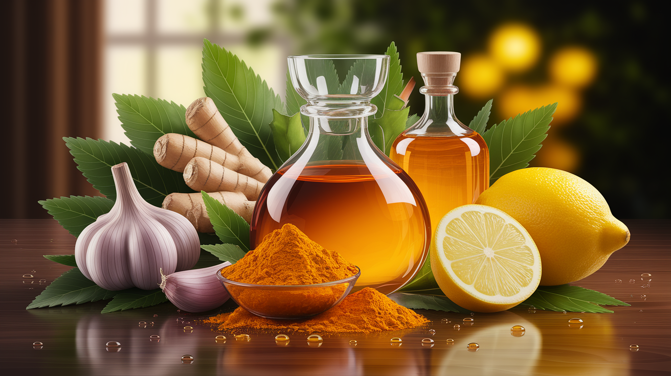 A conceptual illustration representing The Ingredients That Fight Germs. Visualize the main ideas: . Creative but clear representation of the concept. Style: photorealistic. high quality, detailed, professional, clean composition, good lighting, sharp focus, well-composed. high quality, professional, detailed, well-composed
