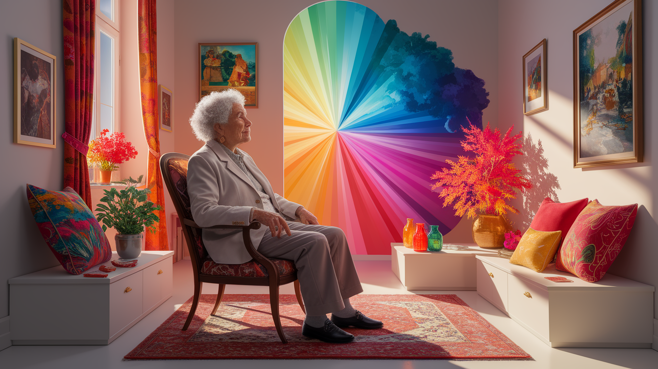 A conceptual illustration representing Aging and Your Color Perception. Visualize the main ideas: . Creative but clear representation of the concept. Style: photorealistic. high quality, detailed, professional, clean composition, good lighting, sharp focus, well-composed. high quality, professional, detailed, well-composed