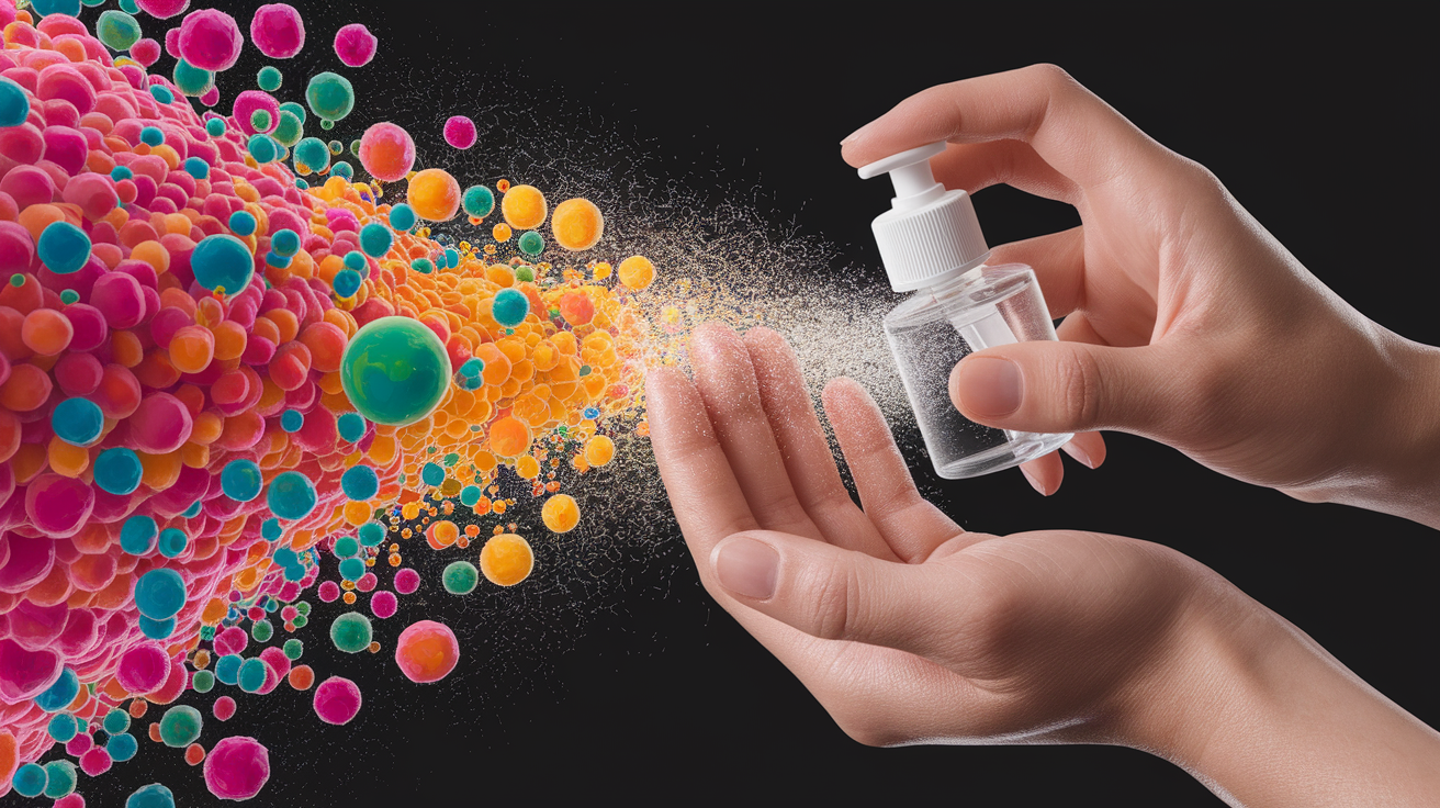 A conceptual illustration representing How Hand Sanitizer Stops Microbes in Their Tracks. Visualize the main ideas: . Creative but clear representation of the concept. Style: photorealistic. high quality, detailed, professional, clean composition, good lighting, sharp focus, well-composed. high quality, professional, detailed, well-composed