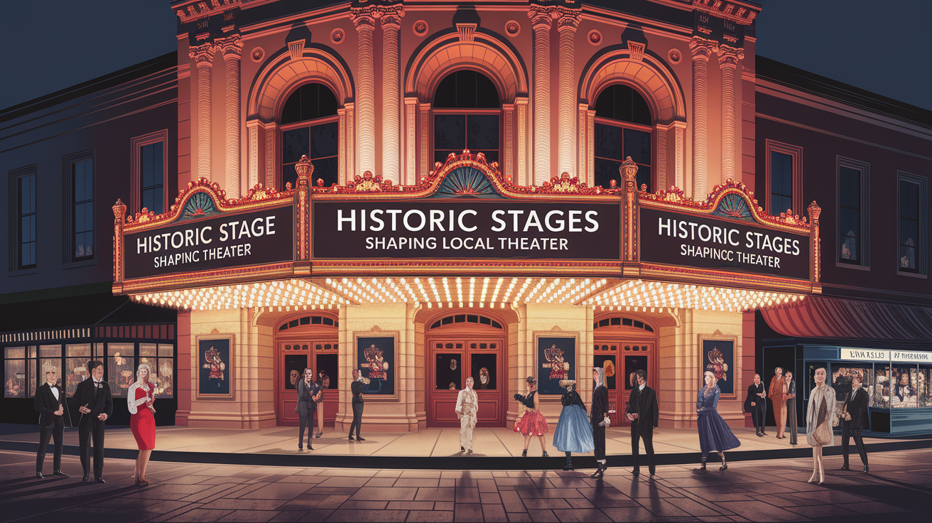 A conceptual illustration representing Historic Stages: Iconic Venues Shaping Local Theater. Visualize the main ideas: . Creative but clear representation of the concept. Style: photorealistic. high quality, detailed, professional, clean composition, good lighting, sharp focus, well-composed. high quality, professional, detailed, well-composed