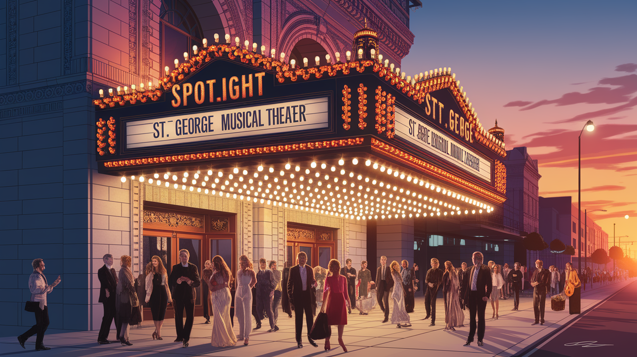 A conceptual illustration representing Spotlight on St. George Musical Theater. Visualize the main ideas: . Creative but clear representation of the concept. Style: photorealistic. high quality, detailed, professional, clean composition, good lighting, sharp focus, well-composed. high quality, professional, detailed, well-composed