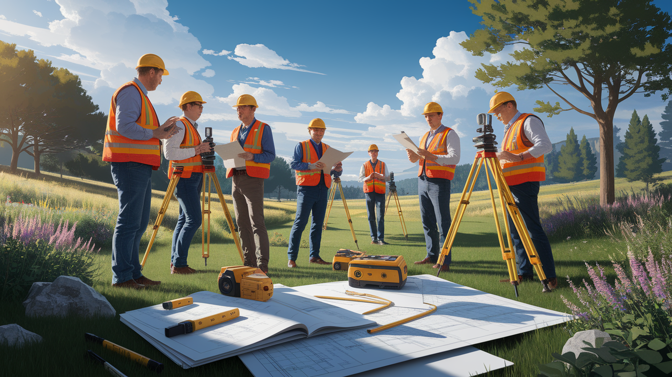 A conceptual illustration representing Preparing for boundary-line-surveys. Visualize the main ideas: . Creative but clear representation of the concept. Style: photorealistic. high quality, detailed, professional, clean composition, good lighting, sharp focus, well-composed. high quality, professional, detailed, well-composed