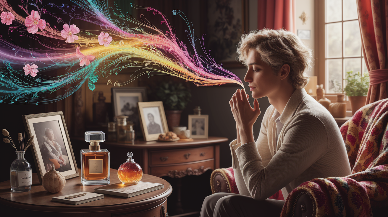 A conceptual illustration representing Unlocked by a Whiff: How Smell Evokes Memory. Visualize the main ideas: . Creative but clear representation of the concept. Style: photorealistic. high quality, detailed, professional, clean composition, good lighting, sharp focus, well-composed. high quality, professional, detailed, well-composed