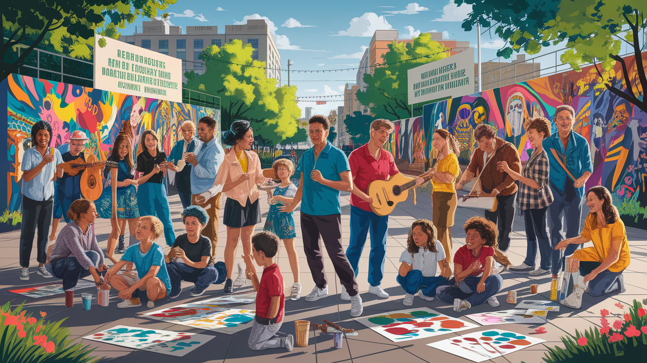 A conceptual illustration representing Community Collaboration: Civic Support and Arts Advocacy. Visualize the main ideas: . Creative but clear representation of the concept. Style: photorealistic. high quality, detailed, professional, clean composition, good lighting, sharp focus, well-composed. high quality, professional, detailed, well-composed