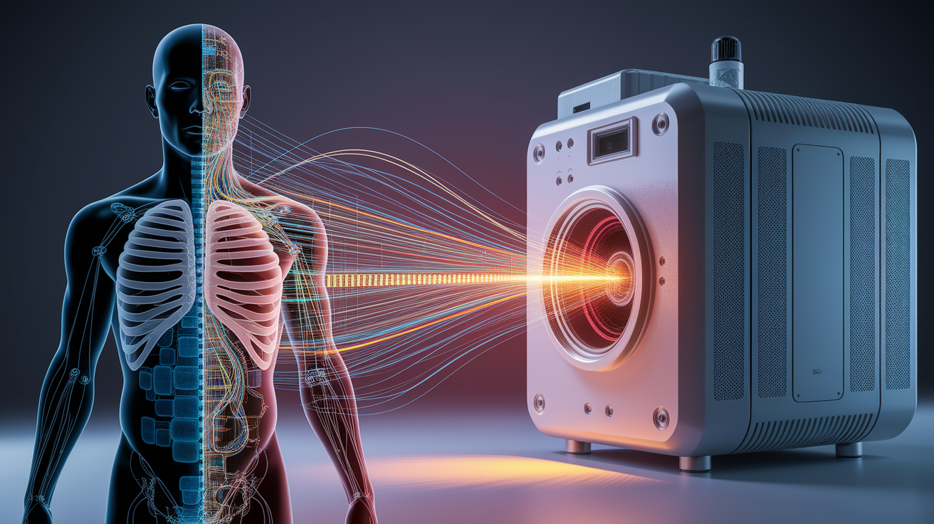 A conceptual illustration representing From Body to Detector: Building the Image. Visualize the main ideas: . Creative but clear representation of the concept. Style: photorealistic. high quality, detailed, professional, clean composition, good lighting, sharp focus, well-composed. high quality, professional, detailed, well-composed