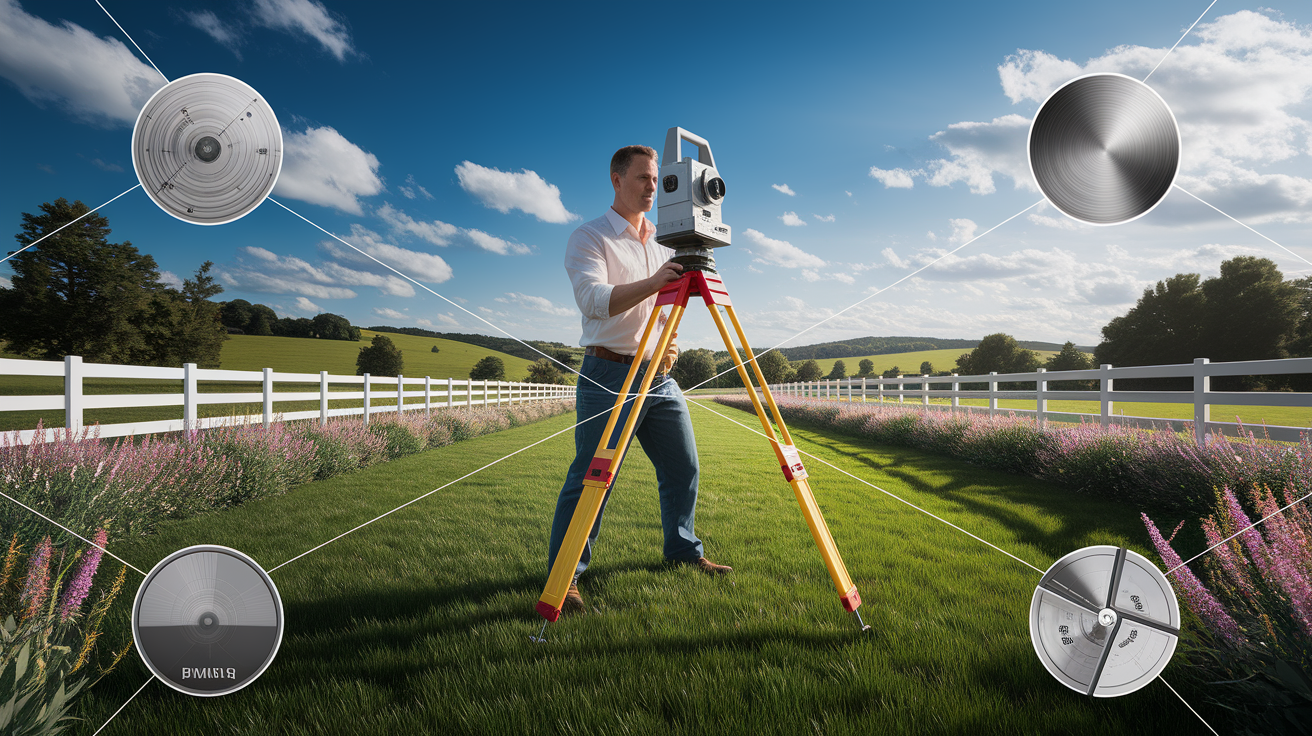 A conceptual illustration representing Conducting Boundary Line Surveys. Visualize the main ideas: . Creative but clear representation of the concept. Style: photorealistic. high quality, detailed, professional, clean composition, good lighting, sharp focus, well-composed. high quality, professional, detailed, well-composed