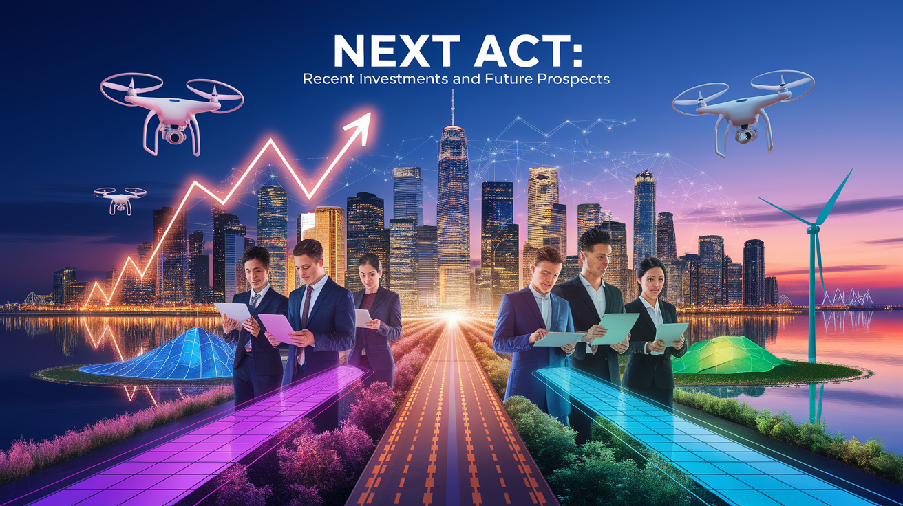 A conceptual illustration representing Next Act: Recent Investments and Future Prospects. Visualize the main ideas: . Creative but clear representation of the concept. Style: photorealistic. high quality, detailed, professional, clean composition, good lighting, sharp focus, well-composed. high quality, professional, detailed, well-composed