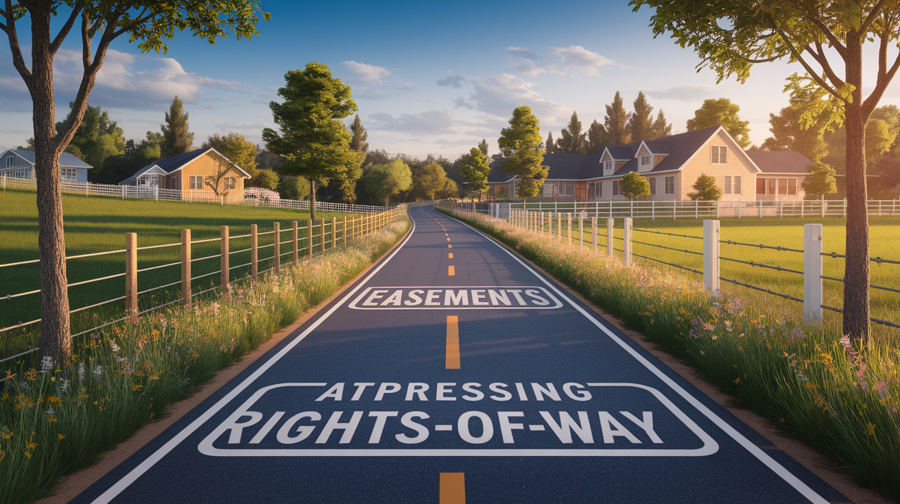 A conceptual illustration representing Addressing Easements and Rights-of-Way. Visualize the main ideas: . Creative but clear representation of the concept. Style: photorealistic. high quality, detailed, professional, clean composition, good lighting, sharp focus, well-composed. high quality, professional, detailed, well-composed
