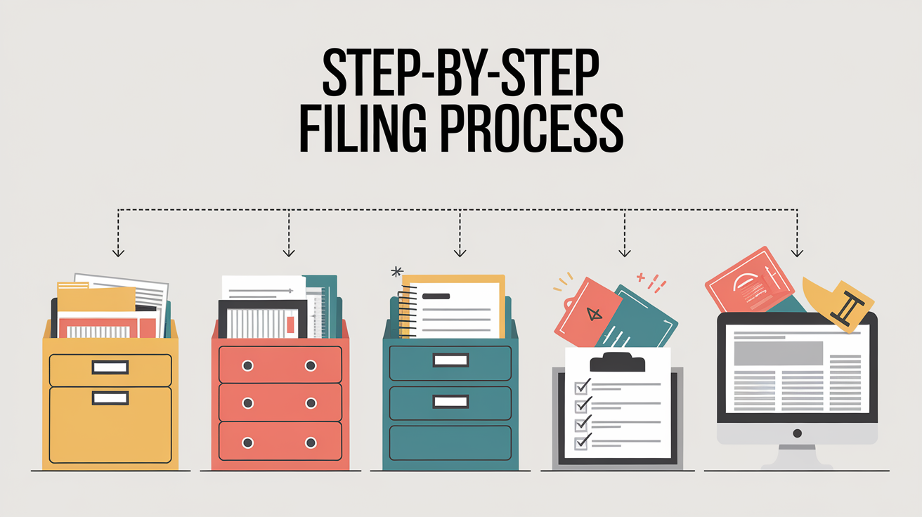 A clear, step-by-step visual illustration showing Step-by-Step Filing Process. Focus on . Include visual elements like arrows, numbered steps, or sequential flow. Professional and instructional style. Style: photorealistic. high quality, detailed, professional, clean composition, good lighting, sharp focus, well-composed. high quality, professional, detailed, well-composed