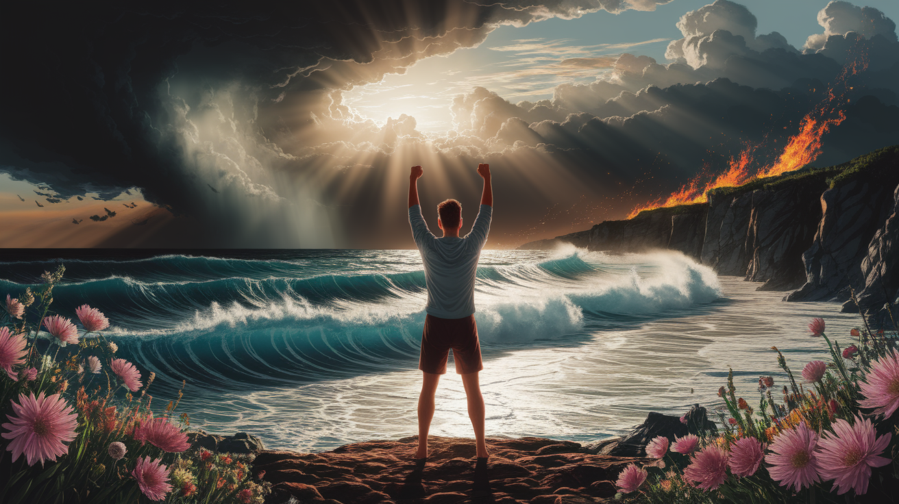 A conceptual illustration representing Thrive Beyond the Storm and Flames. Visualize the main ideas: . Creative but clear representation of the concept. Style: photorealistic. high quality, detailed, professional, clean composition, good lighting, sharp focus, well-composed. high quality, professional, detailed, well-composed