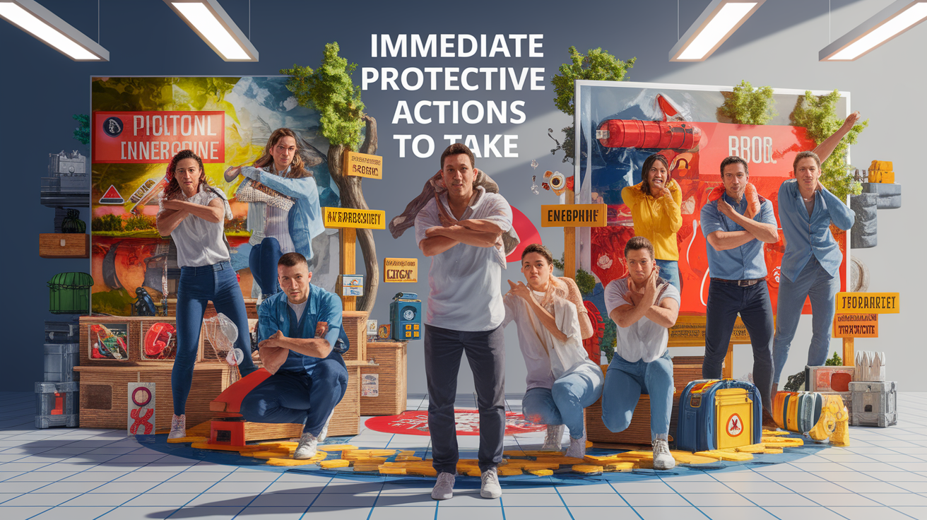 A conceptual illustration representing Immediate Protective Actions to Take. Visualize the main ideas: . Creative but clear representation of the concept. Style: photorealistic. high quality, detailed, professional, clean composition, good lighting, sharp focus, well-composed. high quality, professional, detailed, well-composed
