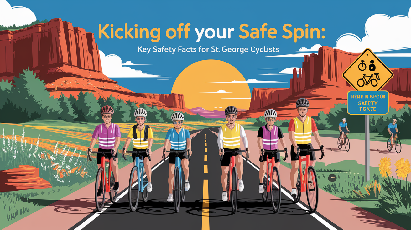 A conceptual illustration representing Kicking Off Your Safe Spin: Key Safety Facts for St. George Cyclists. Visualize the main ideas: . Creative but clear representation of the concept. Style: photorealistic. high quality, detailed, professional, clean composition, good lighting, sharp focus, well-composed. high quality, professional, detailed, well-composed