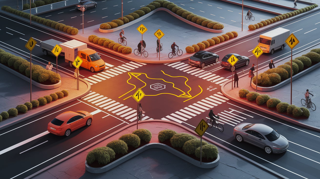 A conceptual illustration representing Mapping Danger Zones: Intersections, Grades, and Blind Curves. Visualize the main ideas: . Creative but clear representation of the concept. Style: photorealistic. high quality, detailed, professional, clean composition, good lighting, sharp focus, well-composed. high quality, professional, detailed, well-composed
