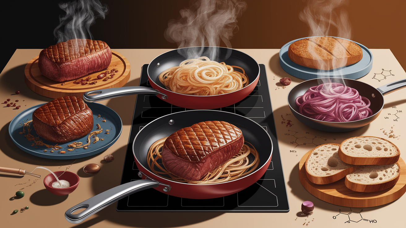 A conceptual illustration representing Chemical Browning â€“ Maillard Reaction and Caramelization. Visualize the main ideas: . Creative but clear representation of the concept. Style: photorealistic. high quality, detailed, professional, clean composition, good lighting, sharp focus, well-composed. high quality, professional, detailed, well-composed