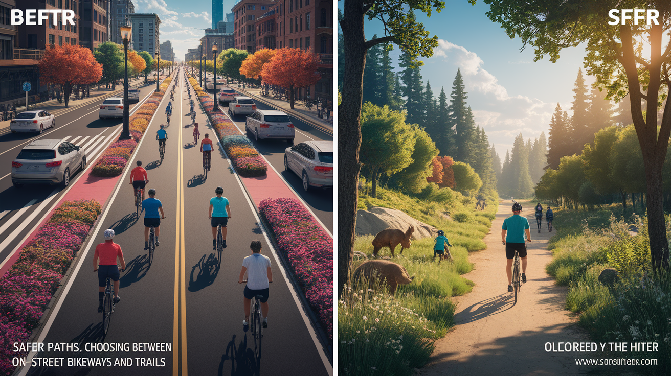 A side-by-side comparison visual for Safer Paths: Choosing Between On-Street Bikeways and Trails. Show contrasting elements: . Use clear visual separation, possibly with split-screen or before/after layout. Style: photorealistic. high quality, detailed, professional, clean composition, good lighting, sharp focus, well-composed. high quality, professional, detailed, well-composed