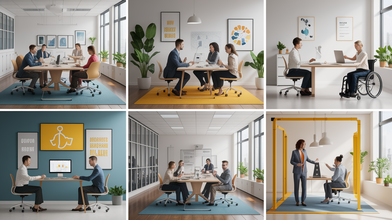 A realistic scene or environment setting for Overview of ADA Workplace Accommodations. Include in a natural, contextual setting. Show real-world application or usage. Style: photorealistic. high quality, detailed, professional, clean composition, good lighting, sharp focus, well-composed. high quality, professional, detailed, well-composed