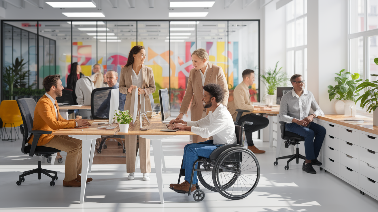 A realistic scene or environment setting for Employee Rights under ADA Workplace Accommodations. Include in a natural, contextual setting. Show real-world application or usage. Style: photorealistic. high quality, detailed, professional, clean composition, good lighting, sharp focus, well-composed. high quality, professional, detailed, well-composed