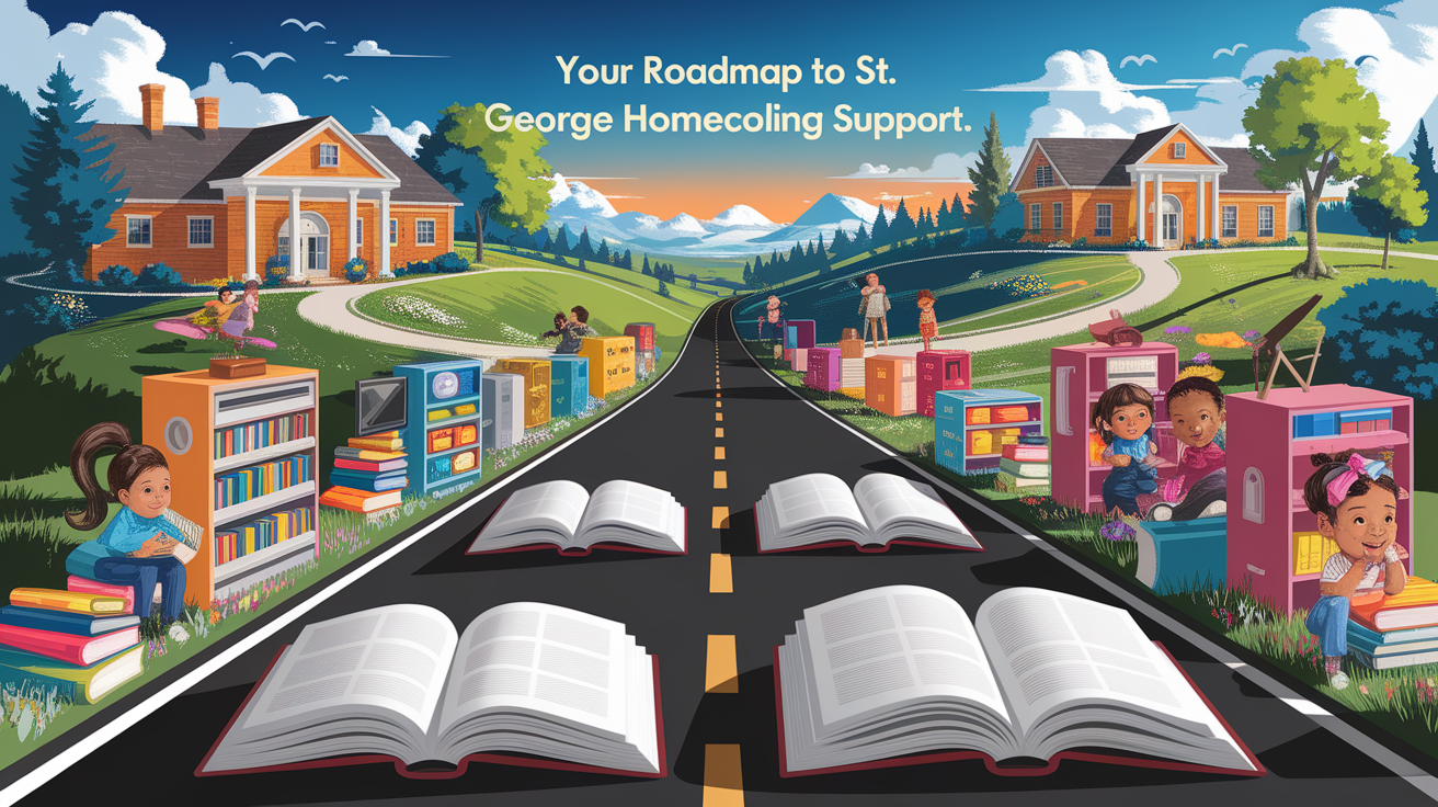 A conceptual illustration representing Your Roadmap to St. George Homeschooling Support. Visualize the main ideas: . Creative but clear representation of the concept. Style: photorealistic. high quality, detailed, professional, clean composition, good lighting, sharp focus, well-composed. high quality, professional, detailed, well-composed
