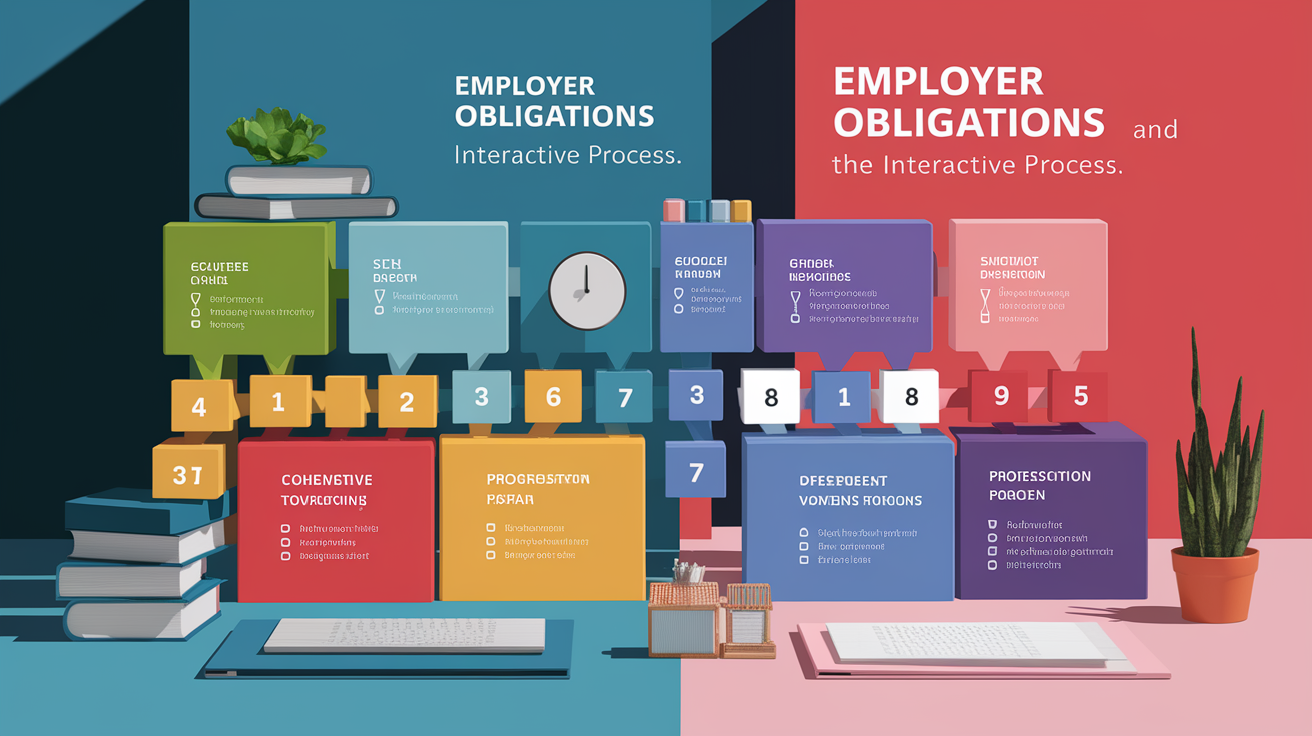 A clear, step-by-step visual illustration showing Employer Obligations and the Interactive Process. Focus on . Include visual elements like arrows, numbered steps, or sequential flow. Professional and instructional style. Style: photorealistic. high quality, detailed, professional, clean composition, good lighting, sharp focus, well-composed. high quality, professional, detailed, well-composed