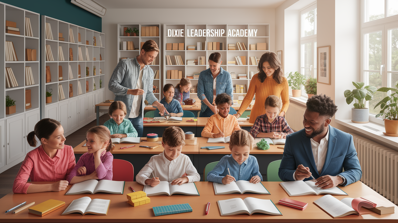 A conceptual illustration representing Dixie Leadership Academy Homeschool Support. Visualize the main ideas: . Creative but clear representation of the concept. Style: photorealistic. high quality, detailed, professional, clean composition, good lighting, sharp focus, well-composed. high quality, professional, detailed, well-composed