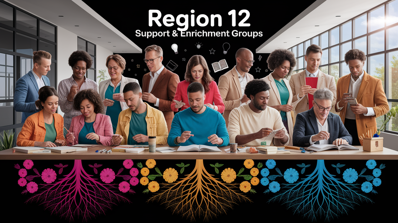 A conceptual illustration representing Region 12 Support & Enrichment Groups. Visualize the main ideas: . Creative but clear representation of the concept. Style: photorealistic. high quality, detailed, professional, clean composition, good lighting, sharp focus, well-composed. high quality, professional, detailed, well-composed