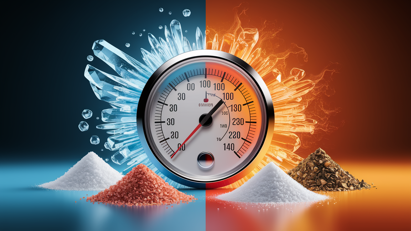 A conceptual illustration representing Temperature Limits and Salting Alternatives. Visualize the main ideas: . Creative but clear representation of the concept. Style: photorealistic. high quality, detailed, professional, clean composition, good lighting, sharp focus, well-composed. high quality, professional, detailed, well-composed