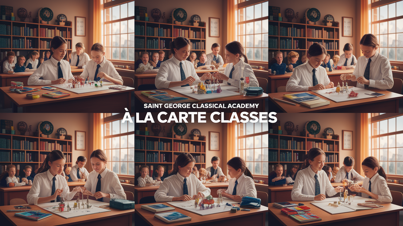 A conceptual illustration representing Saint George Classical Academy Ã€ La Carte Classes. Visualize the main ideas: . Creative but clear representation of the concept. Style: photorealistic. high quality, detailed, professional, clean composition, good lighting, sharp focus, well-composed. high quality, professional, detailed, well-composed
