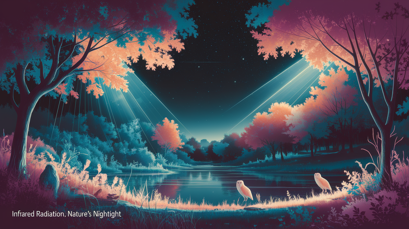 A conceptual illustration representing Infrared Radiation: Natureâ€™s Nightlight. Visualize the main ideas: . Creative but clear representation of the concept. Style: photorealistic. high quality, detailed, professional, clean composition, good lighting, sharp focus, well-composed. high quality, professional, detailed, well-composed