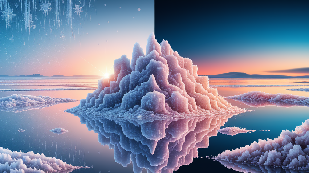 A conceptual illustration representing From Frost to Flow: Salt’s Winter Win. Visualize the main ideas: . Creative but clear representation of the concept. Style: photorealistic. high quality, detailed, professional, clean composition, good lighting, sharp focus, well-composed. high quality, professional, detailed, well-composed