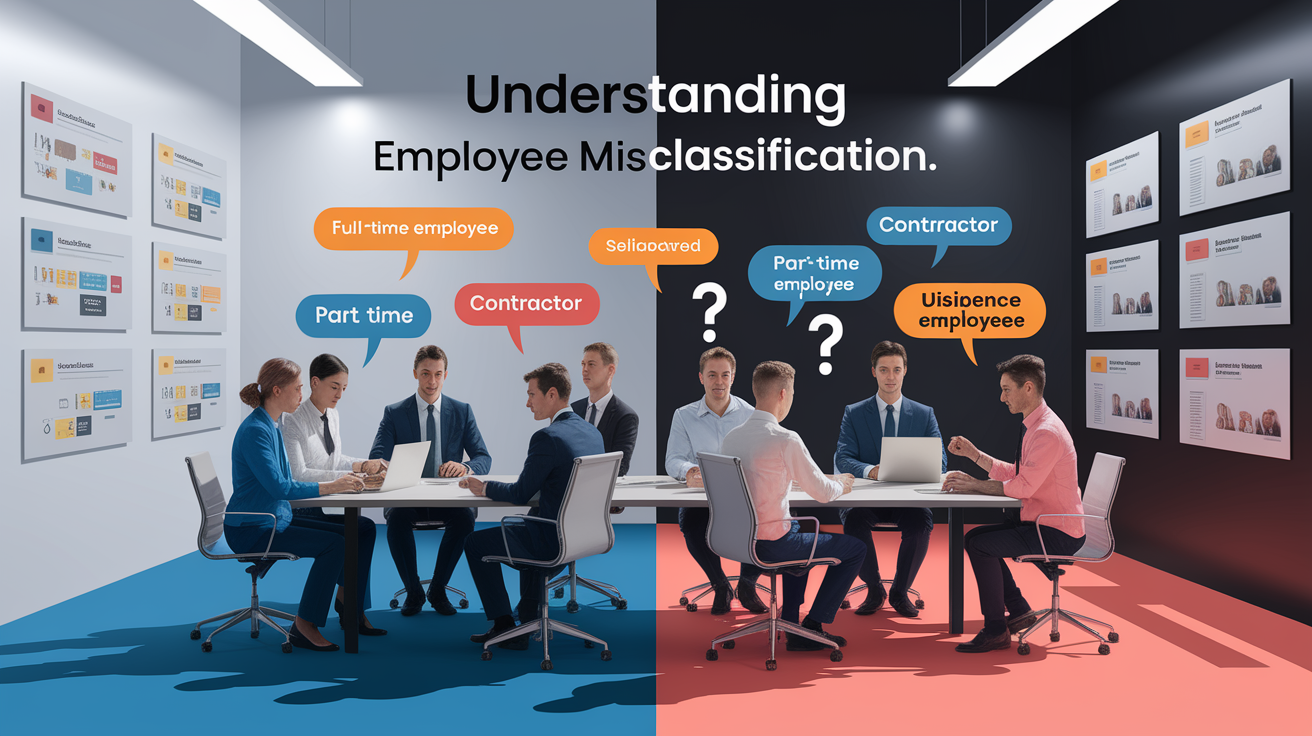 A conceptual illustration representing Understanding Employee Misclassification. Visualize the main ideas: . Creative but clear representation of the concept. Style: photorealistic. high quality, detailed, professional, clean composition, good lighting, sharp focus, well-composed. high quality, professional, detailed, well-composed