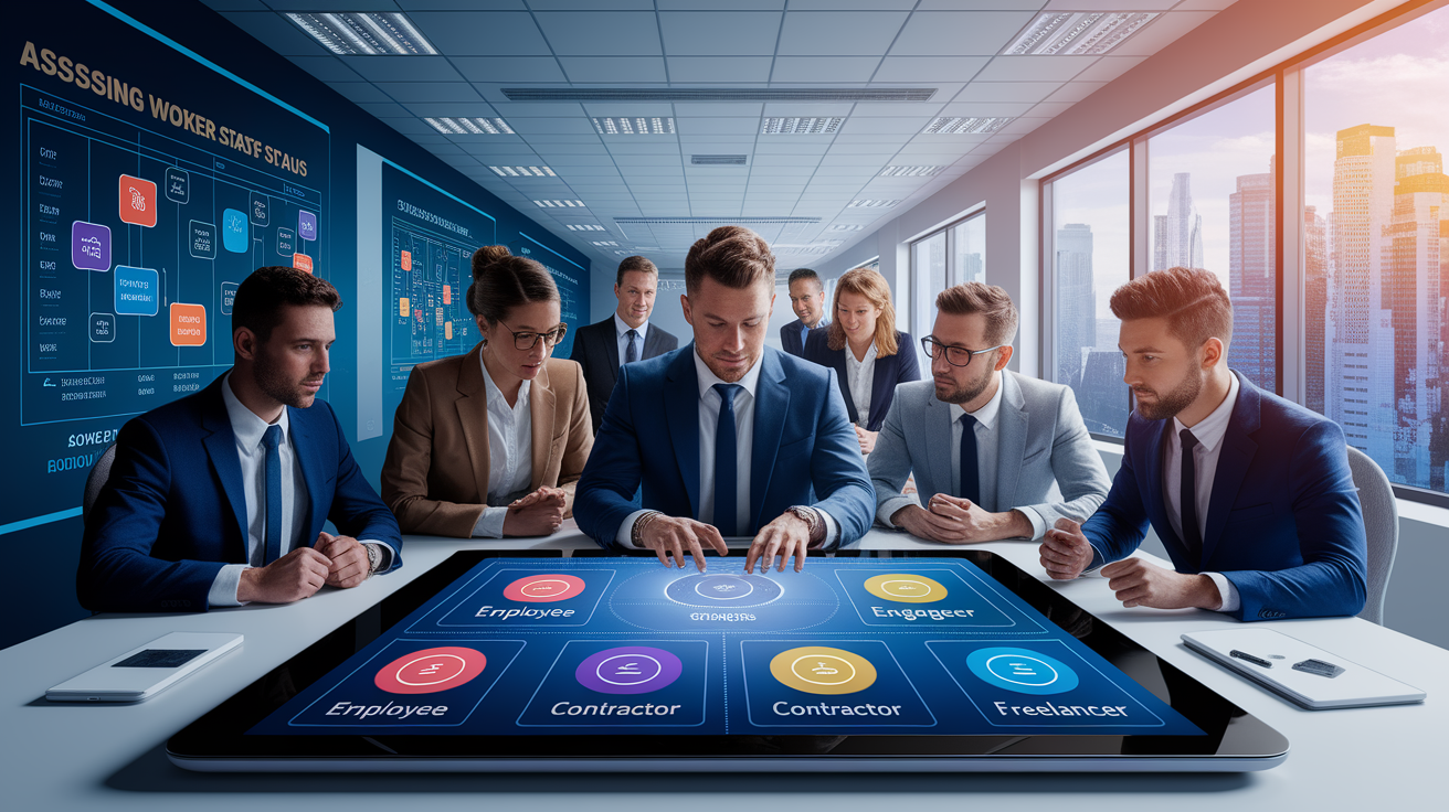 A conceptual illustration representing Assessing Worker Status: Practical Steps. Visualize the main ideas: . Creative but clear representation of the concept. Style: photorealistic. high quality, detailed, professional, clean composition, good lighting, sharp focus, well-composed. high quality, professional, detailed, well-composed