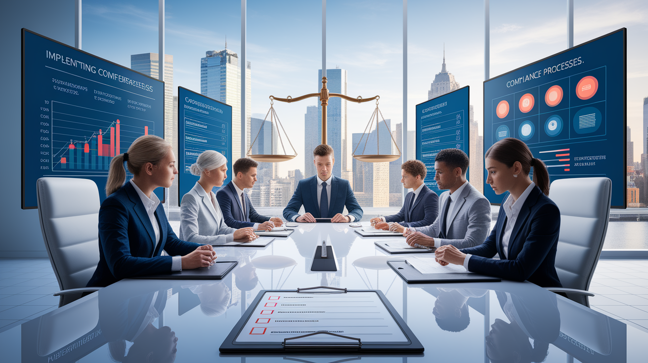 A conceptual illustration representing Implementing Compliance Processes. Visualize the main ideas: . Creative but clear representation of the concept. Style: photorealistic. high quality, detailed, professional, clean composition, good lighting, sharp focus, well-composed. high quality, professional, detailed, well-composed