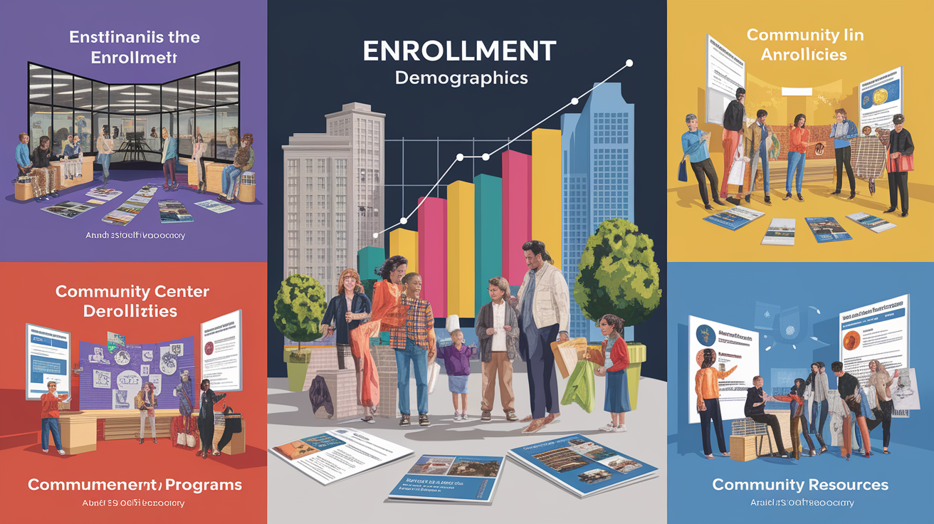 A conceptual illustration representing Enrollment, Demographics, and Community Resources. Visualize the main ideas: . Creative but clear representation of the concept. Style: photorealistic. high quality, detailed, professional, clean composition, good lighting, sharp focus, well-composed. high quality, professional, detailed, well-composed
