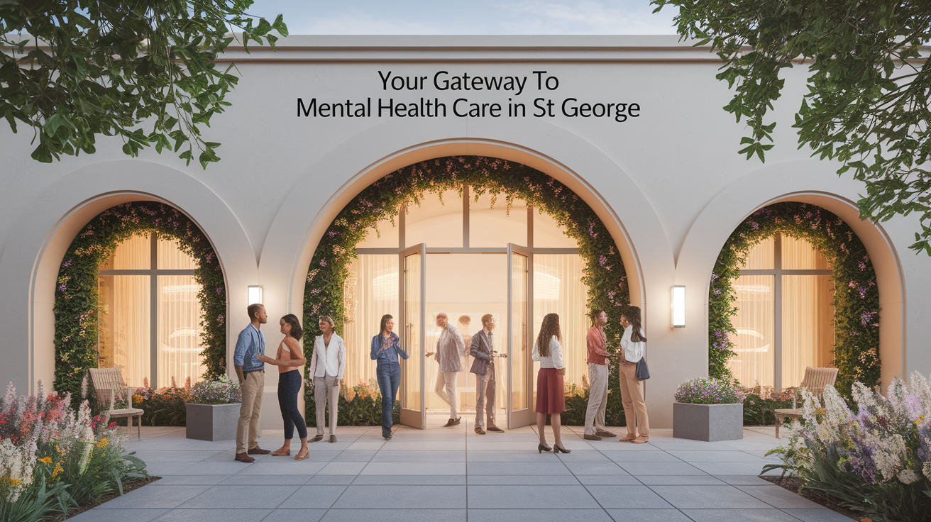 A conceptual illustration representing Your Gateway to Mental Health Care in St. George. Visualize the main ideas: . Creative but clear representation of the concept. Style: photorealistic. high quality, detailed, professional, clean composition, good lighting, sharp focus, well-composed. high quality, professional, detailed, well-composed