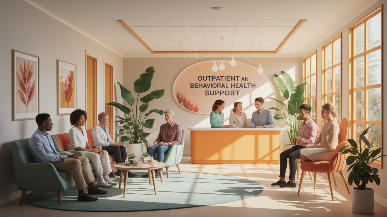 A conceptual illustration representing Outpatient and Behavioral Health Support. Visualize the main ideas: . Creative but clear representation of the concept. Style: photorealistic. high quality, detailed, professional, clean composition, good lighting, sharp focus, well-composed. high quality, professional, detailed, well-composed