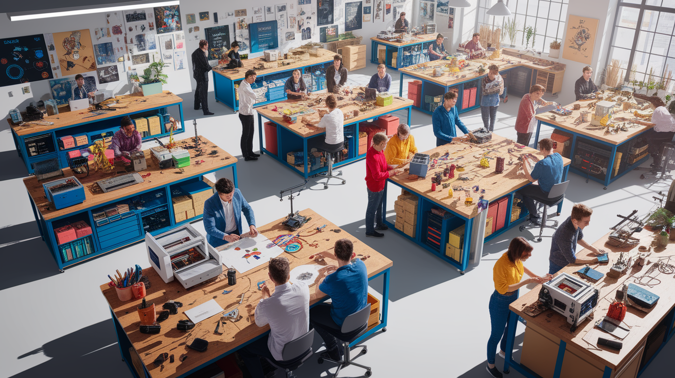 A conceptual illustration representing What Is a Maker Space?. Visualize the main ideas: . Creative but clear representation of the concept. Style: photorealistic. high quality, detailed, professional, clean composition, good lighting, sharp focus, well-composed. high quality, professional, detailed, well-composed