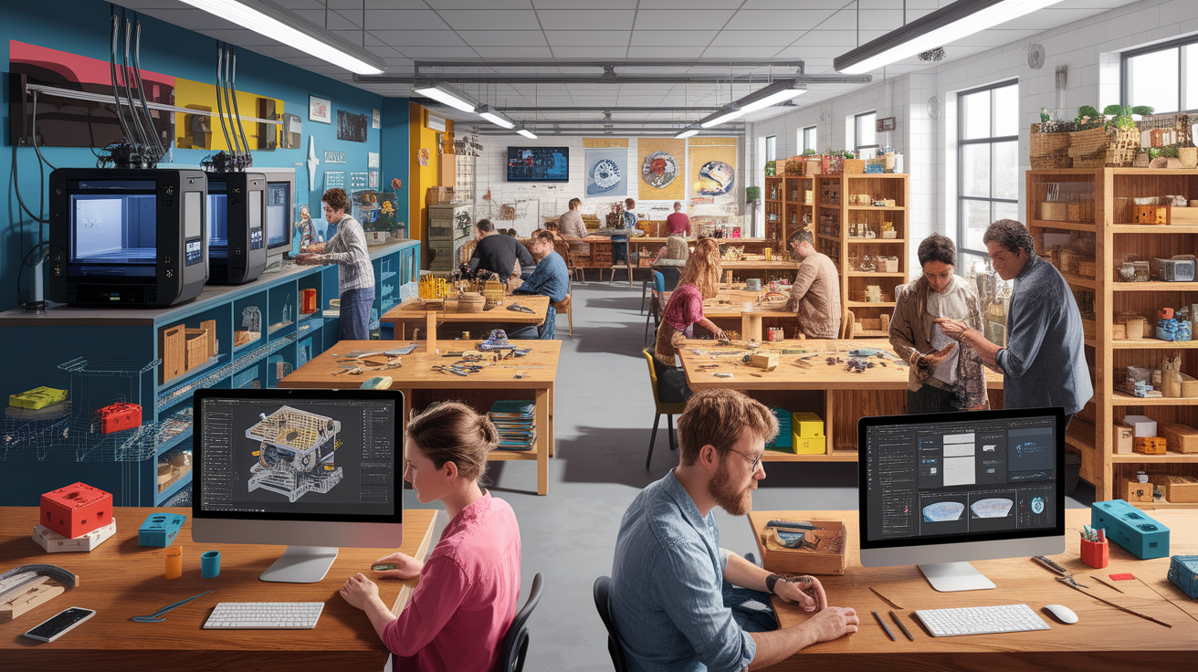 A conceptual illustration representing Key Features of a Maker Space. Visualize the main ideas: . Creative but clear representation of the concept. Style: photorealistic. high quality, detailed, professional, clean composition, good lighting, sharp focus, well-composed. high quality, professional, detailed, well-composed