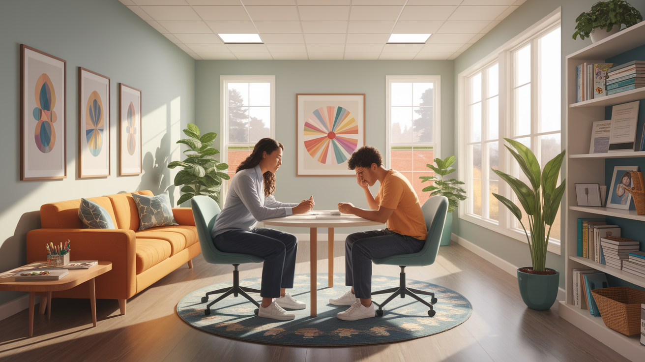 A conceptual illustration representing Crisis Intervention at the Behavioral Health Access Center. Visualize the main ideas: . Creative but clear representation of the concept. Style: photorealistic. high quality, detailed, professional, clean composition, good lighting, sharp focus, well-composed. high quality, professional, detailed, well-composed