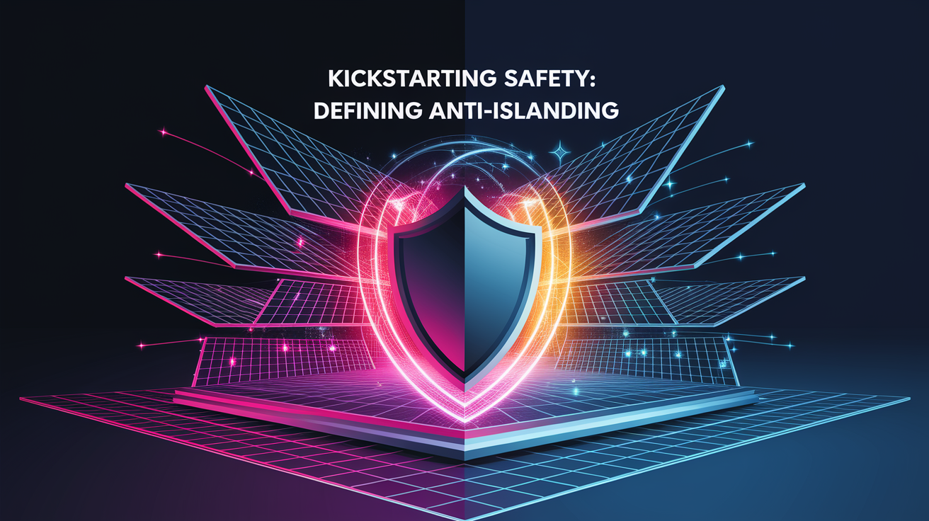 A conceptual illustration representing Kickstarting Safety: Defining Anti-Islanding. Visualize the main ideas: . Creative but clear representation of the concept. Style: Visual Theme: Clean, modern aesthetic with high contrast and vibrant energy. Emphasize the intersect. high quality, detailed, professional, clean composition, good lighting, sharp focus, well-composed. high quality, professional, detailed, well-composed