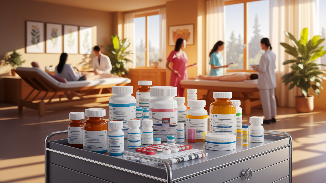 A conceptual illustration representing Medication Management and Specialized Therapies. Visualize the main ideas: . Creative but clear representation of the concept. Style: photorealistic. high quality, detailed, professional, clean composition, good lighting, sharp focus, well-composed. high quality, professional, detailed, well-composed