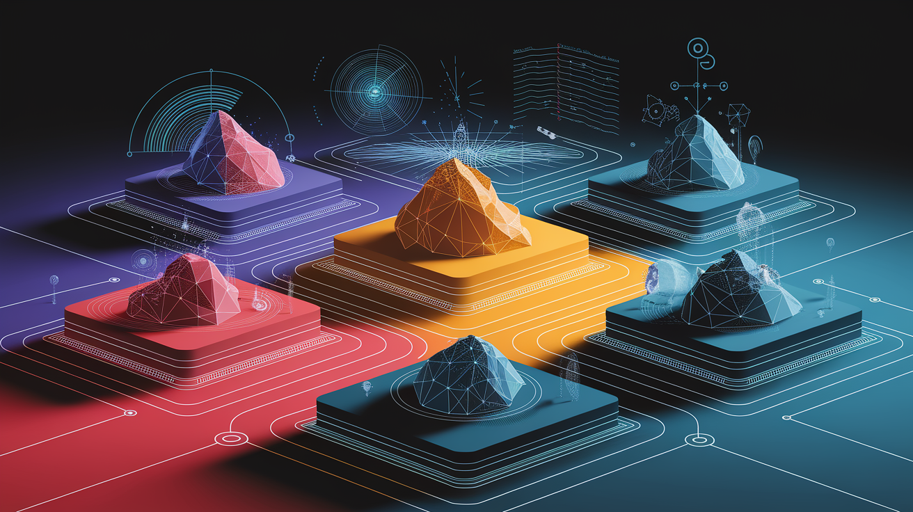 A conceptual illustration representing Mapping the Terrain: Categories of Detection Techniques. Visualize the main ideas: . Creative but clear representation of the concept. Style: Visual Theme: Clean, modern aesthetic with high contrast and vibrant energy. Emphasize the intersect. high quality, detailed, professional, clean composition, good lighting, sharp focus, well-composed. high quality, professional, detailed, well-composed